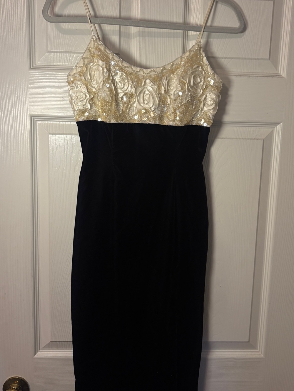 Gunne Sax Black Velvet Strapless Dress with Ivory Embellished Bodice